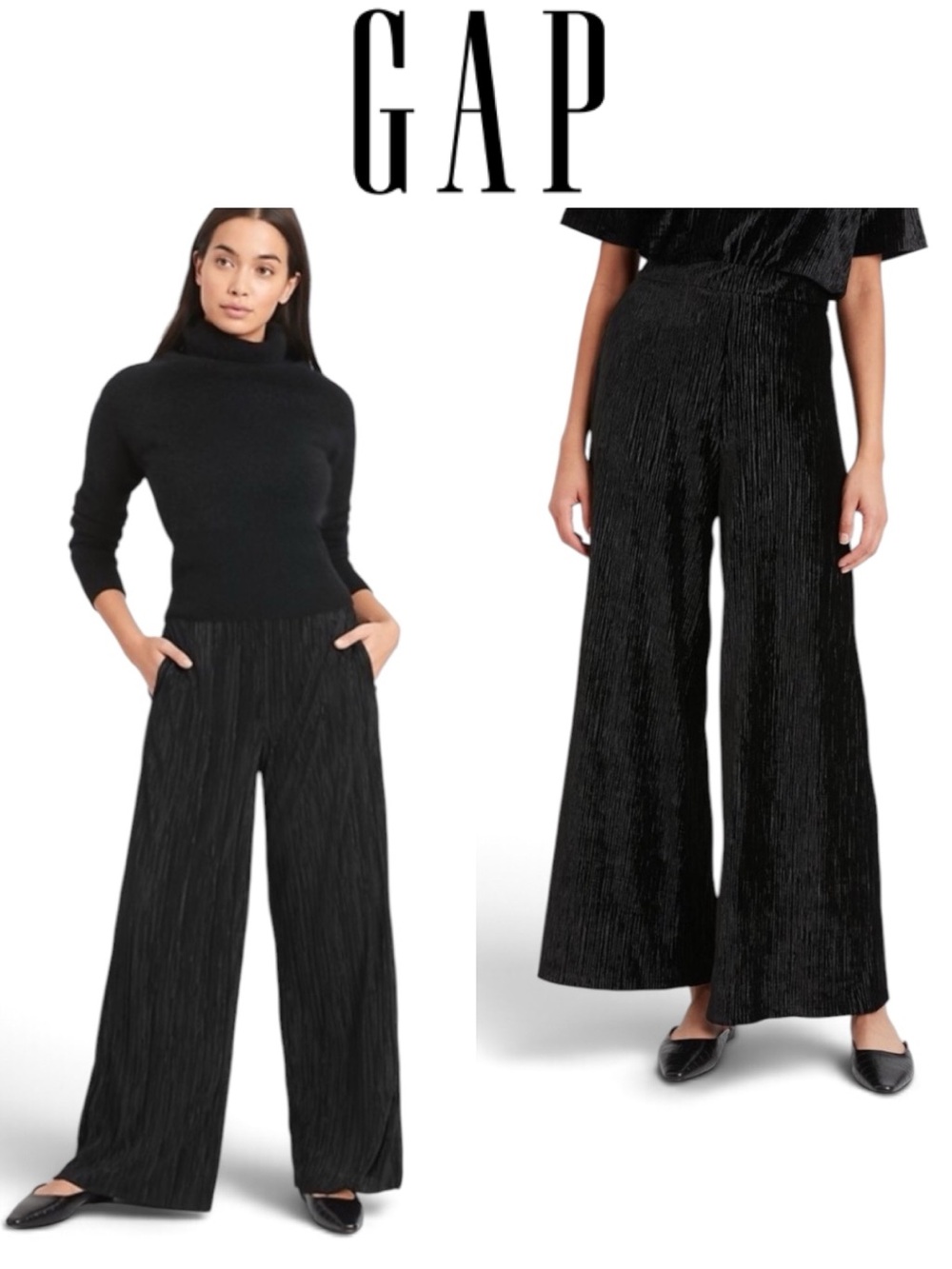 GAP HIGH RISE BLACK CRINKLE VELVET WIDE LEG PULL ON PANTS SIZE MEDIUM TALL